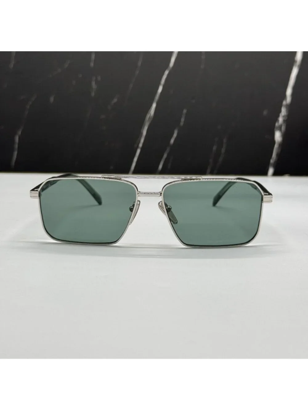 Prada PRA57S 1BC10G Unisex Square Silver Green Sunglasses Authentic NEW